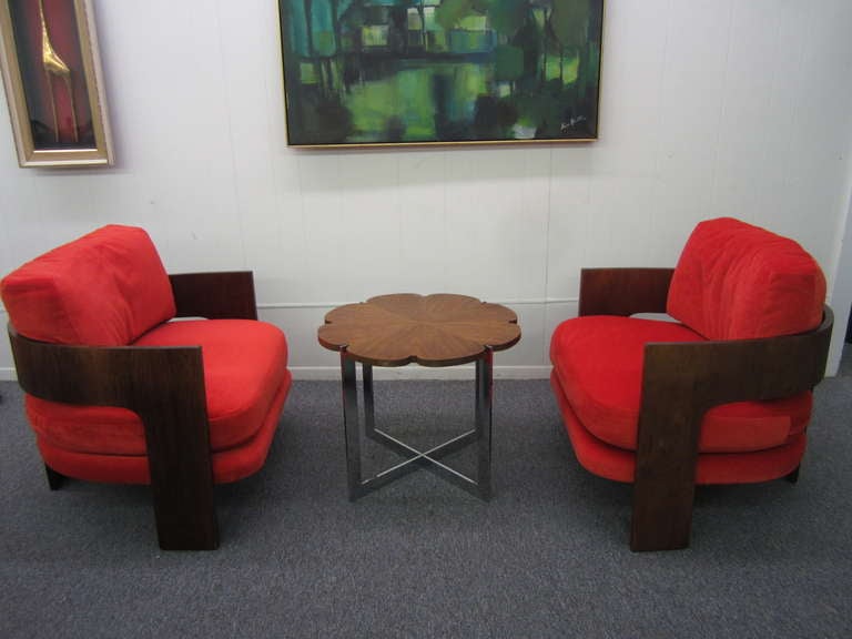 Pair of Milo Baughman Rosewood Barrel Back Chairs with Orange Mohair 2