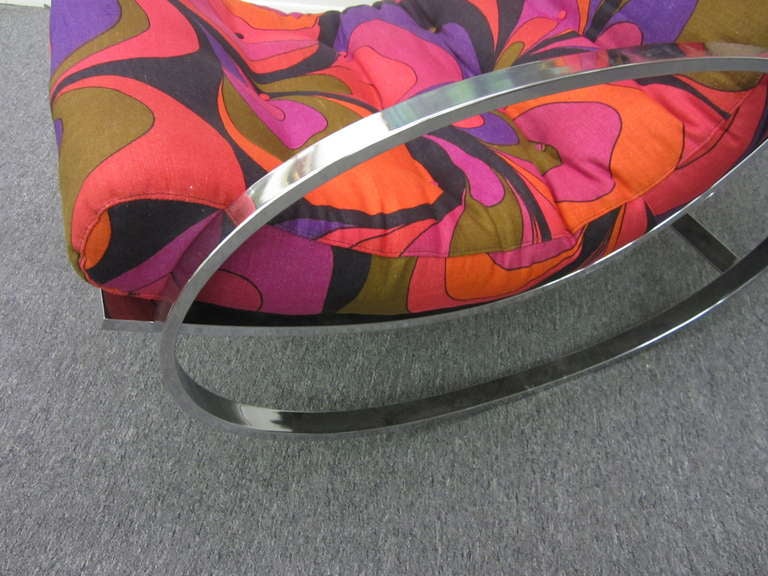 Outstanding Milo Baughman chrome rocker with vintage Pucci linen fabric.  This is probably the most gorgeous mid-century rocker ever.  The fabric is just amazing-it is a heavy weight linen and is vintage.  There was only a little more than a yard of