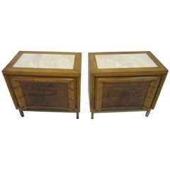 Pair of Mastercraft Style Burled Walnut and Limestone Night Stands