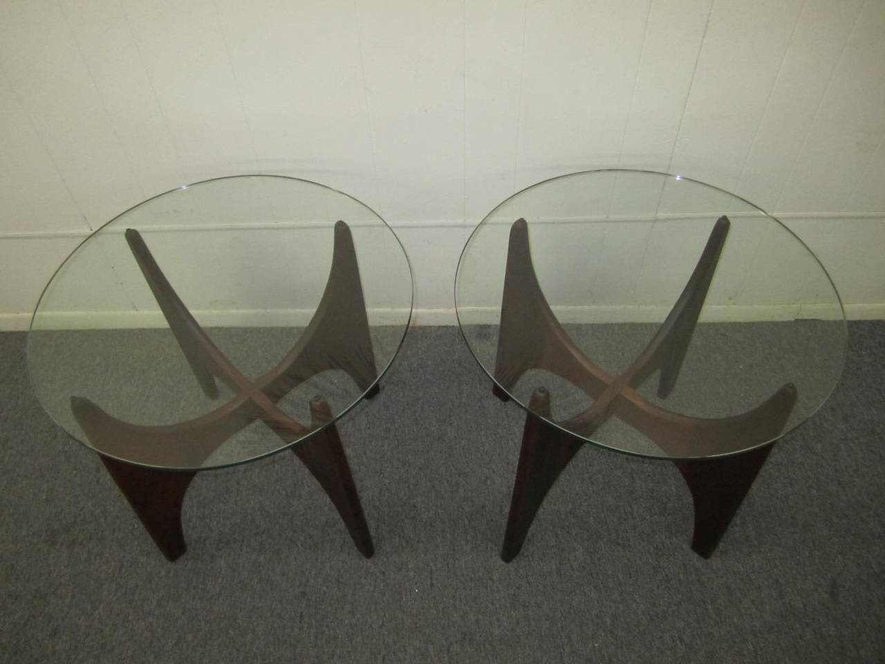 Lovely pair of sculptural walnut side end tables by Adrian Pearsall. The glass tops can be exchanged for larger pieces if so desired-we pictured them with 24