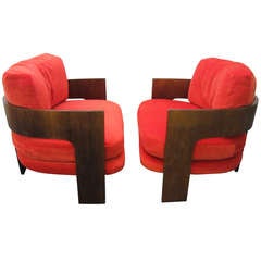 Pair of Milo Baughman Rosewood Barrel Back Chairs with Orange Mohair