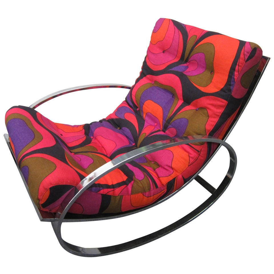 Milo Baughman Chrome Rocking Chair with vintage Pucci linen Mid-century Modern