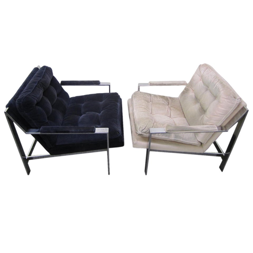 Milo Baughman Style Chrome Flat Bar Lounge Chairs, Mid-Century Modern