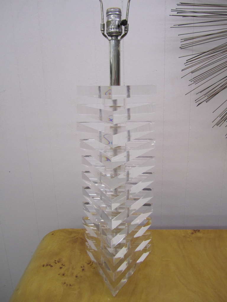 Wonderful Large scale Karl Springer style triangular stacked lucite lamp.