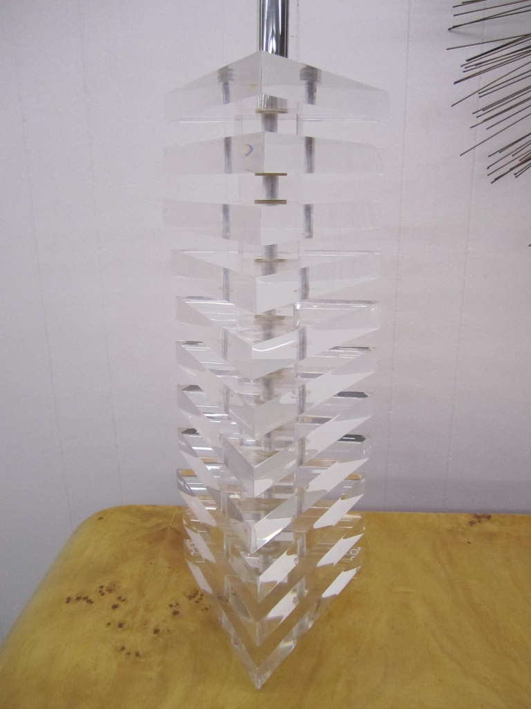 Late 20th Century Karl Springer Style Triangular Stacked Lucite Lamps, Mid-Century Modern For Sale