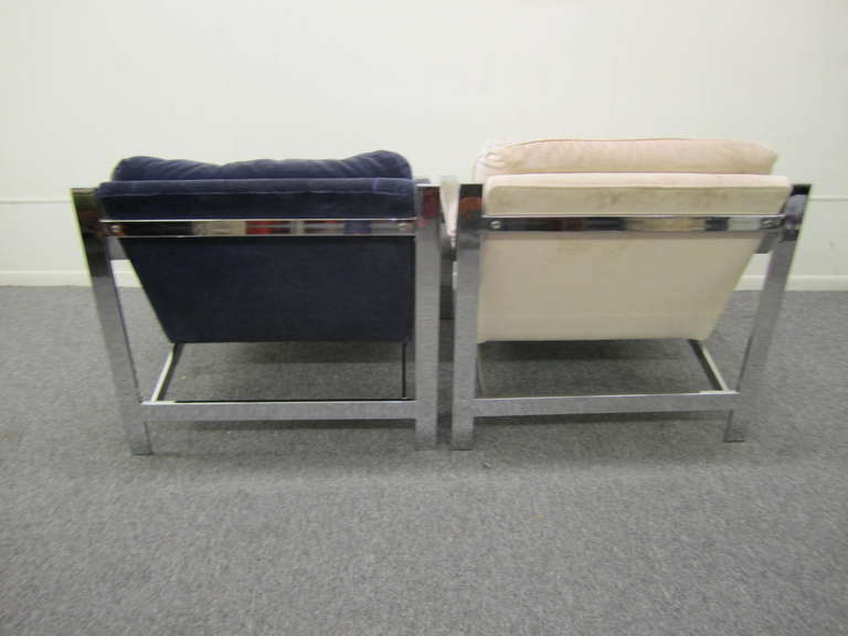Fantastic pair of Milo Baughman style chrome flat bar lounge chairs. These will need to be reupholstered. The chrome frames are in very nice vintage condition-some of the nicest i have had in a while. I have reupholstered many pairs but i think you