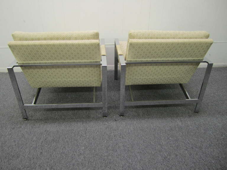 Fabulous pair of Milo Baughman Thayer Coggin chrome flat bar cube chairs. Nice upholstery in a cream colored diamond pattern. Would be even better reupholstered in something fresh and new but still nice as is. We do offer an upholstery service if