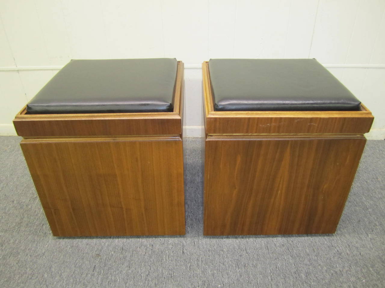 Very unusual pair of Lane rolling chess board storage stools. You will love the great flip top stool/chess board seats and wonderful storage underneath the removable top. There are small rollers on the bottom to allow them to scoot around.