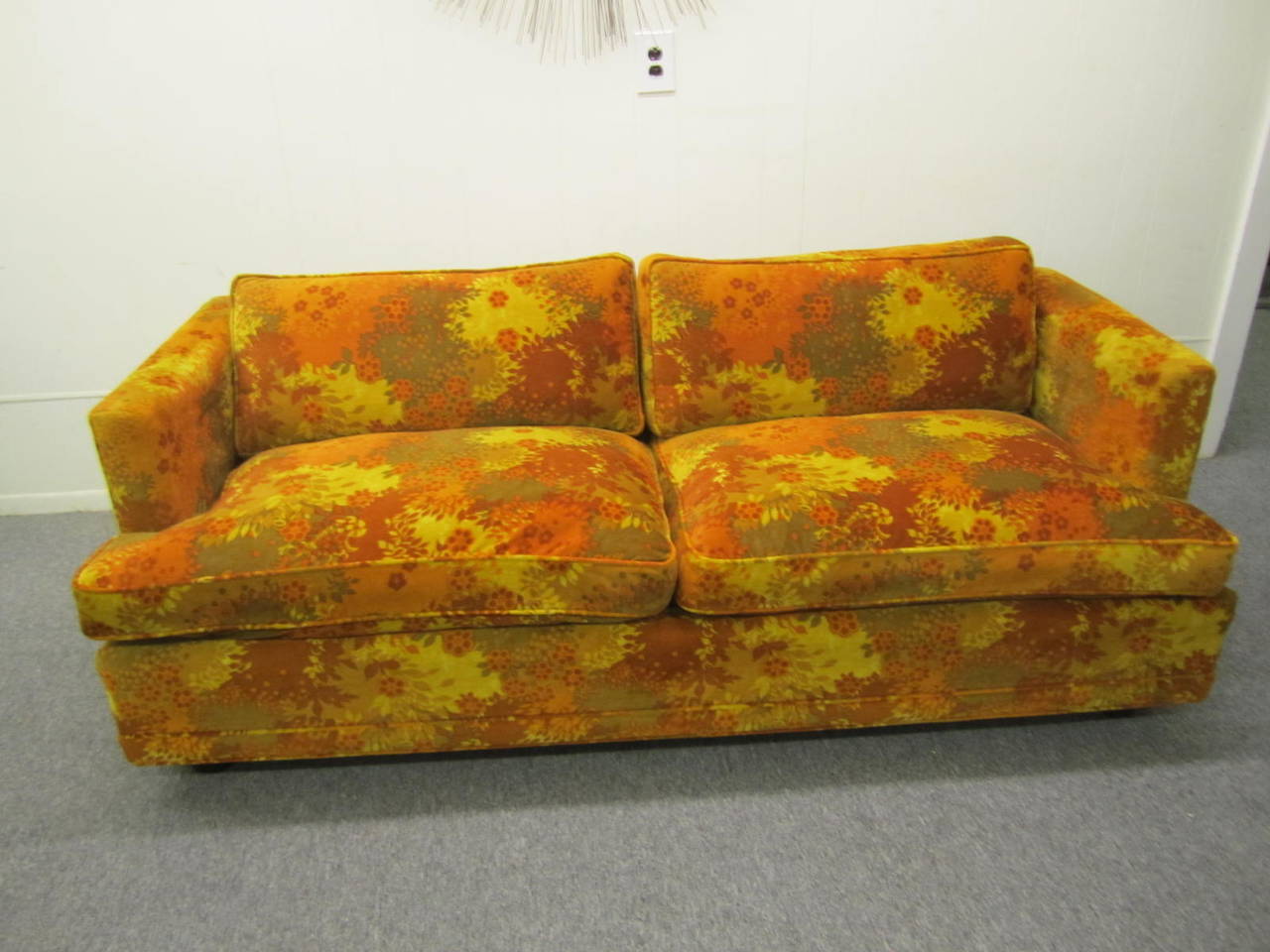 Excellent pair of Edward Wormley designed for Dunbar love seat sofas. They retain their original Jack Lenor Larsen velvet fabric in close to excellent condition. All the cushions are down filled and are ohhh so comfortable. The legs are squatty