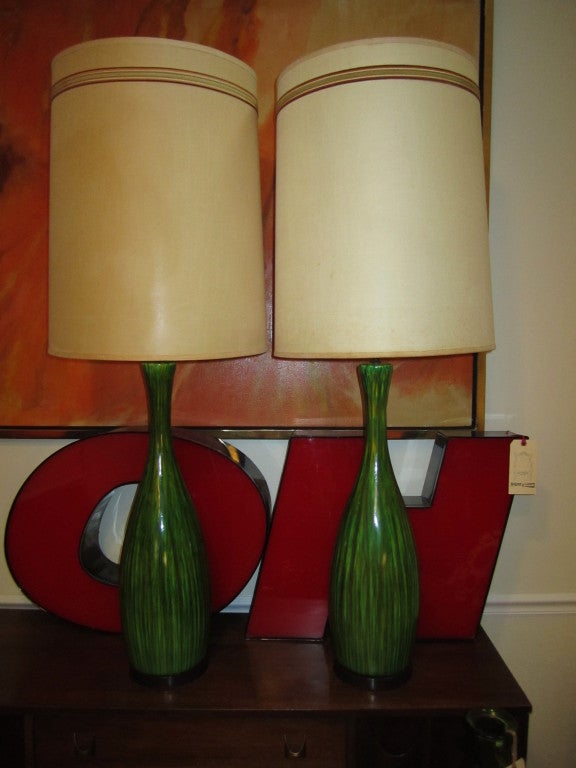Gorgeous extra tall pair of modern drip glaze lamps with their original giant shades