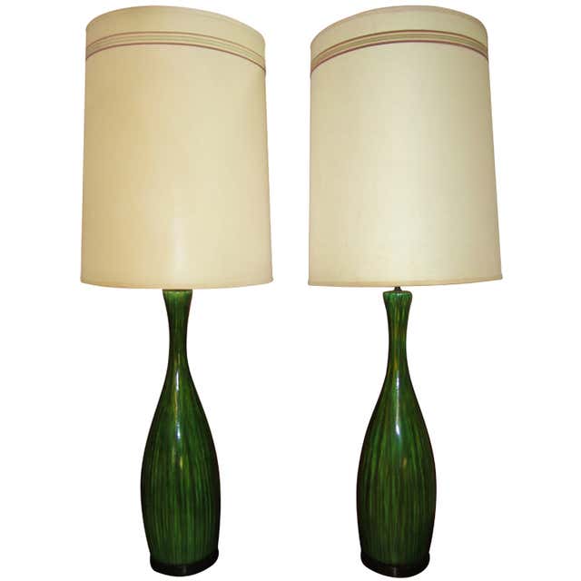 1 of the 2 XL Glass Green Shaped Table Lamps with Rattan Lampshades R ...