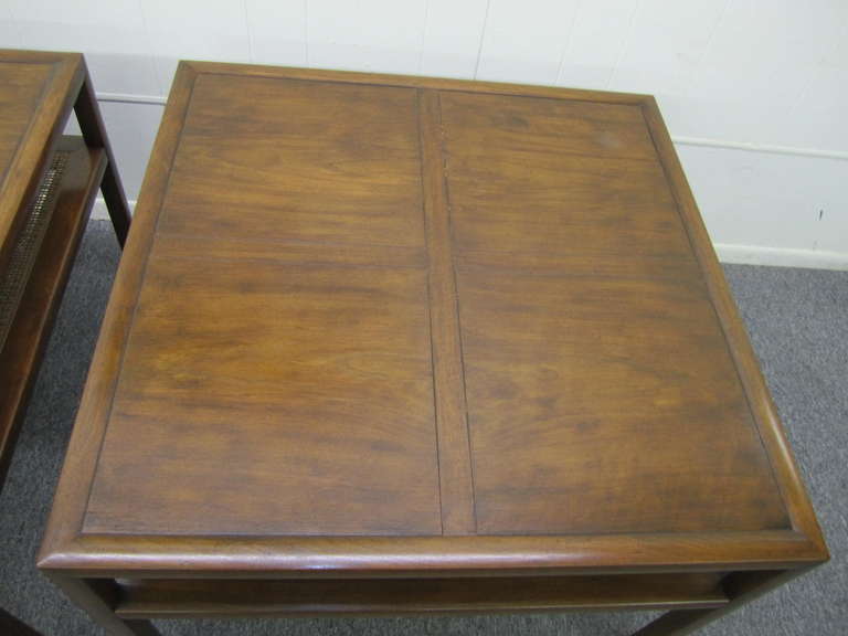 Mid-Century Modern Stunning Pair Michael Taylor Baker Square Walnut and Caned Side Tables