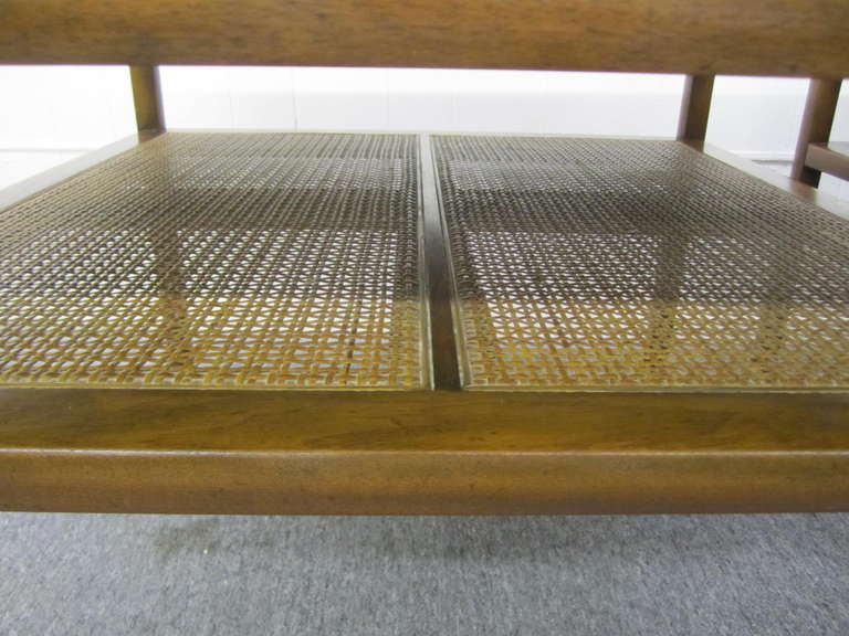 Stunning Pair Michael Taylor Baker Square Walnut and Caned Side Tables 1