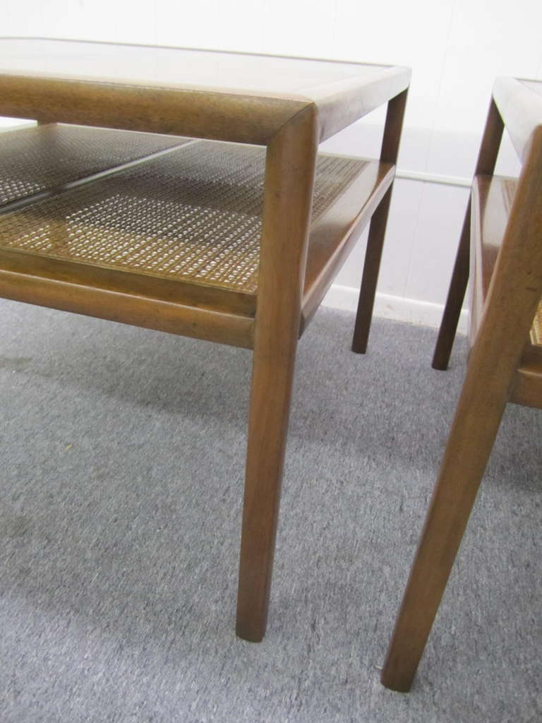 Mid-20th Century Stunning Pair Michael Taylor Baker Square Walnut and Caned Side Tables