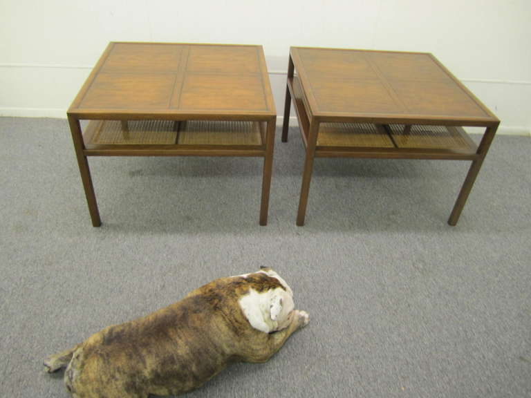 Stunning Pair Michael Taylor Baker Square Walnut and Caned Side Tables 3