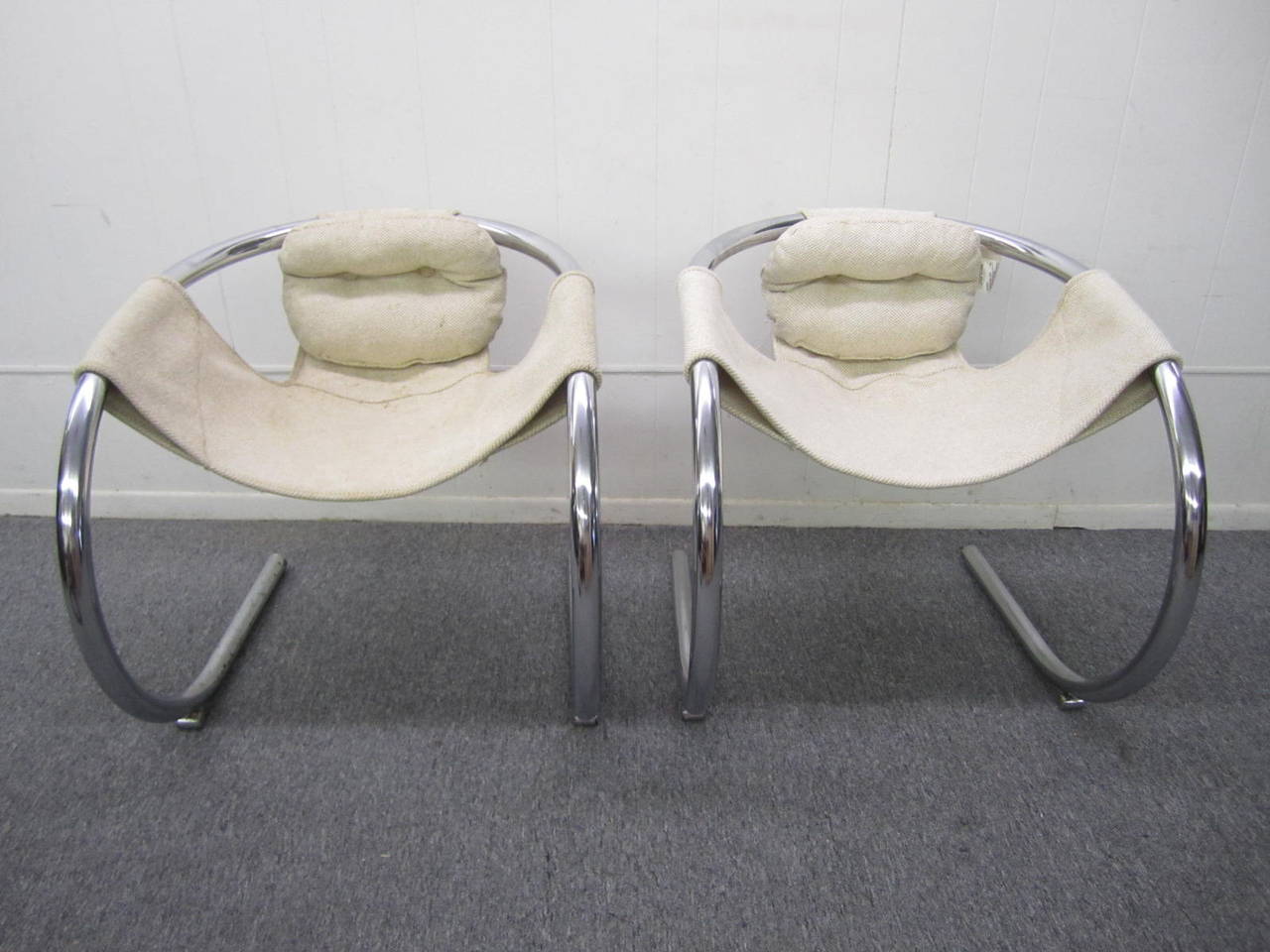 Vintage pair of California Modern chrome and fabric chairs by Bryon Botker for Landes Manufacturer. Good condition with age appropriate wear.