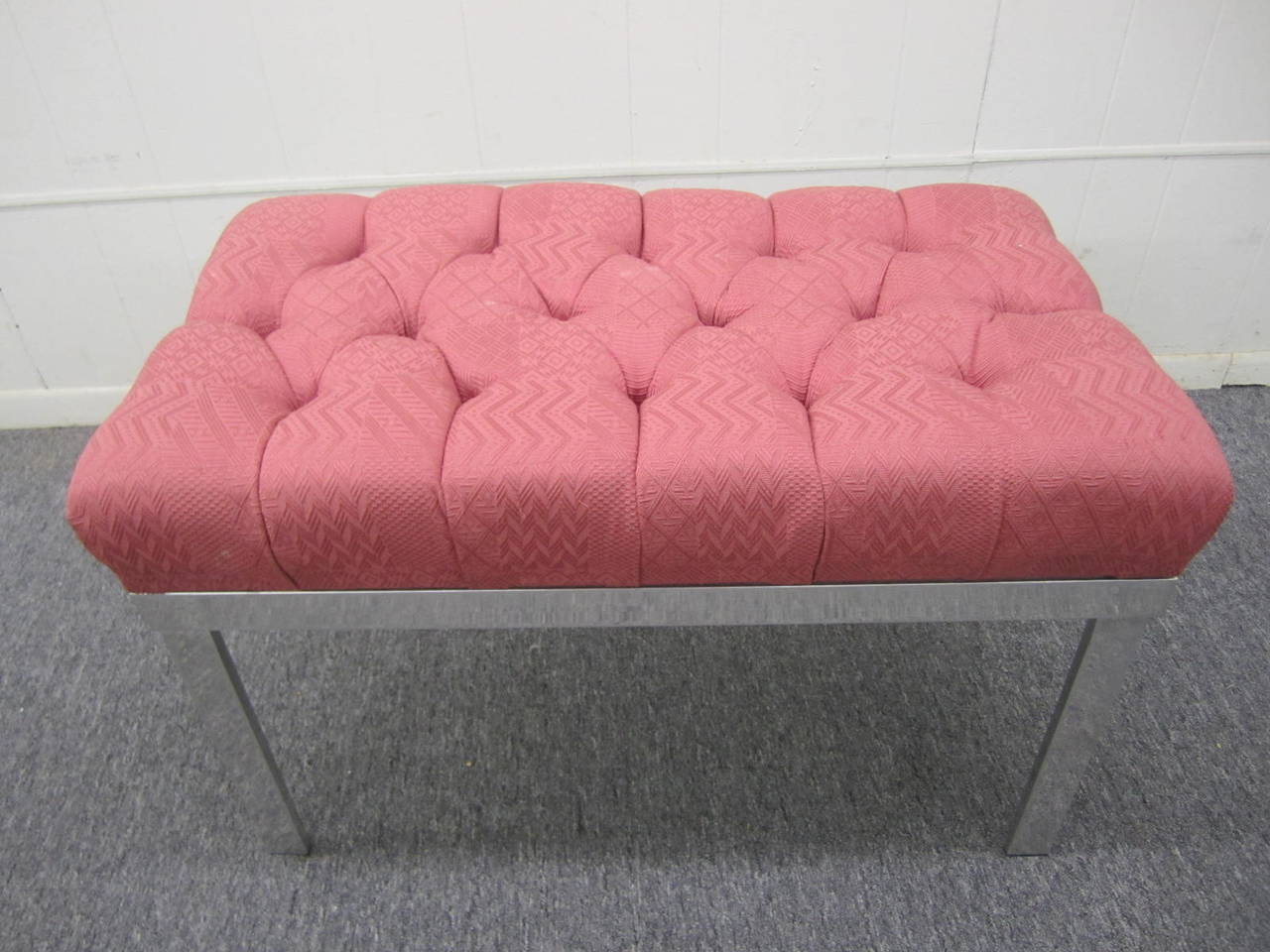 Milo Baughman Style Tufted Aluminum Stool or Bench, Mid-Century Modern 4