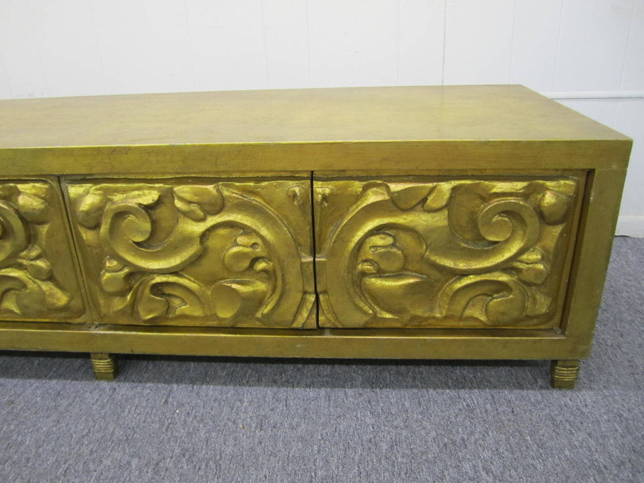 Late 20th Century Modern Pair of Gold Long, Low Carved Sideboards, Hollywood Regency For Sale