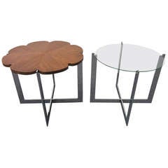 Pair Of Milo Baughman Chrome Base Side Tables Rare Flower Wood Top Mid-century