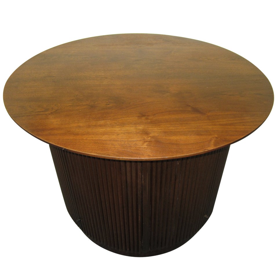 Lovely Lane Walnut Ribbed Drum Side Table with Doors Mid-Century Modern