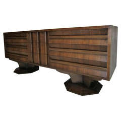 Fabulous Brutalist Style Walnut Credenza Double Pedestal, Mid-Century Modern