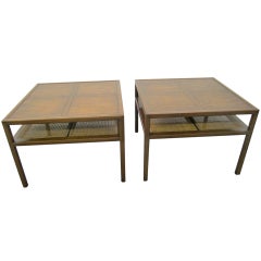 Stunning Pair Michael Taylor Baker Square Walnut and Caned Side Tables