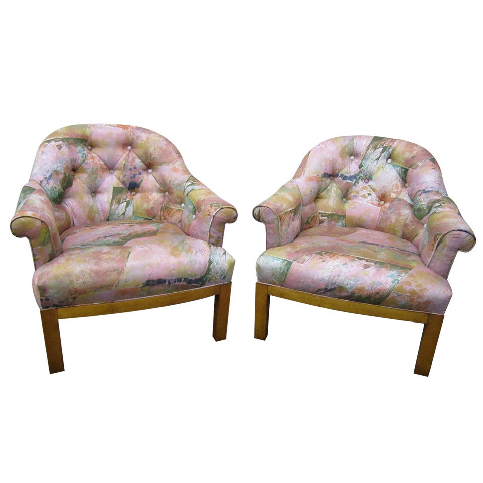 Spectacular Pair of Mid-Century Modern Barrel Back Club Chairs, Asian Influenced For Sale