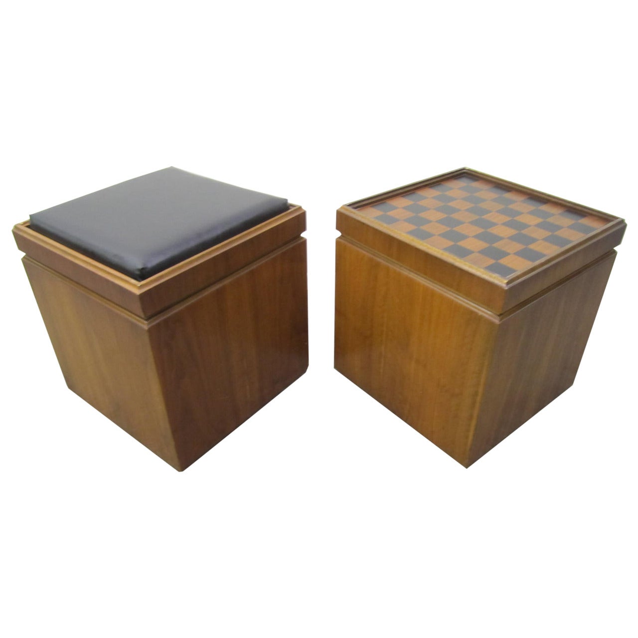 Pair of Lane Walnut Game Cube Storage Stools, Mid-Century Modern