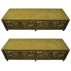 Modern Pair of Gold Long, Low Carved Sideboards, Hollywood Regency