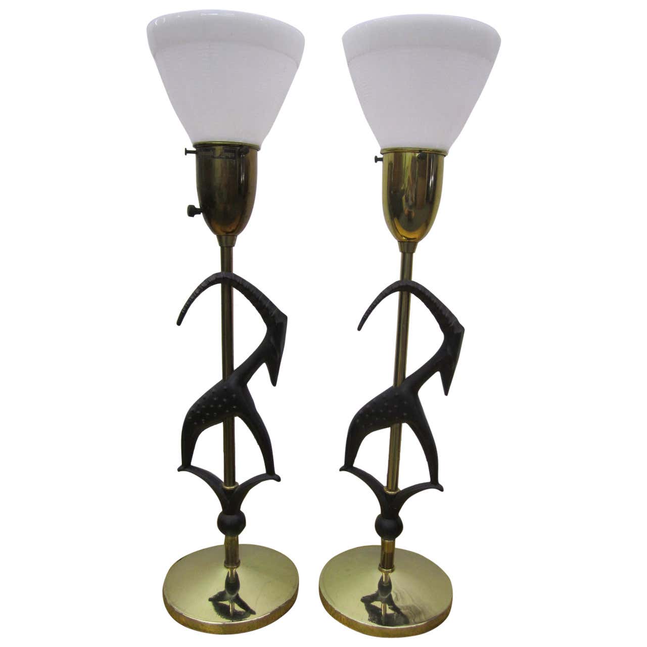 Pair of Rembrandt Antelope Gazelle Lamps with Glass Shades MidCentury