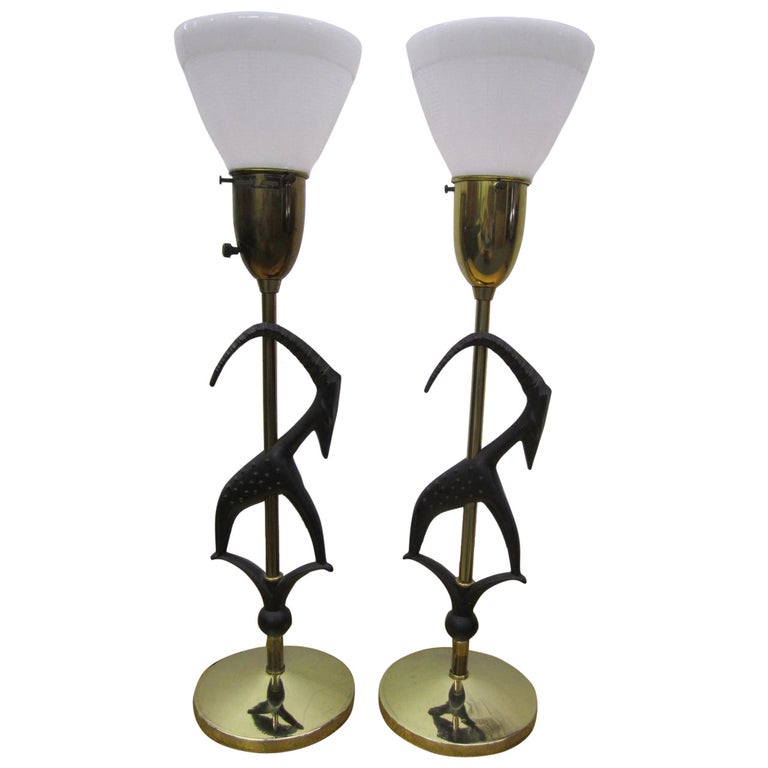 Pair of Rembrandt Antelope Gazelle Lamps with Glass Shades Mid-Century Modern For Sale
