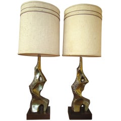 Pair Mid Century Modern Brutalist Torso Brass Laurel Lamps