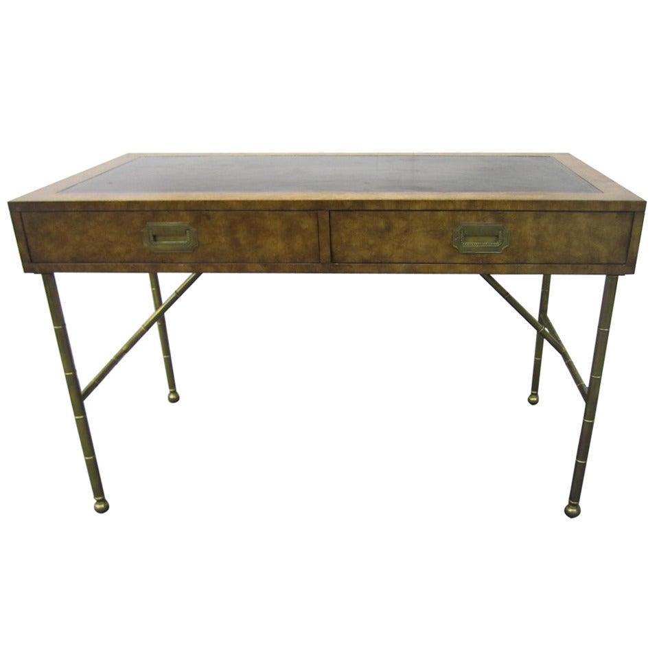 Gorgeous Widdicomb Style Burled Walnut Campaign Desk Faux Bamboo Solid Brass 