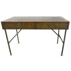 Gorgeous Widdicomb Style Burled Walnut Campaign Desk Faux Bamboo Solid Brass 