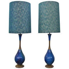 Retro Gorgeous Pair of Blue Turquoise Danish Modern Lava Drip Glaze Lamps Mid-Century