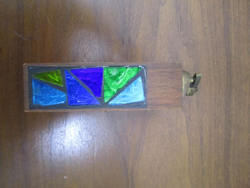 Mid-century modern Georges Briard blue and green mosaic stained glass lighter. Colorful and stylish this is a must have for your mid-century lifestyle. I have the matching service trays and lamps if you are interested listed in my other 1stdibs