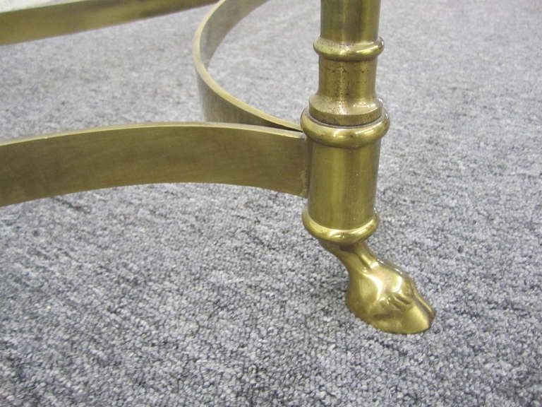 Italian Brass & Heavy Glass Oval Hoof Foot Coffee Table Regency Modern La Barge