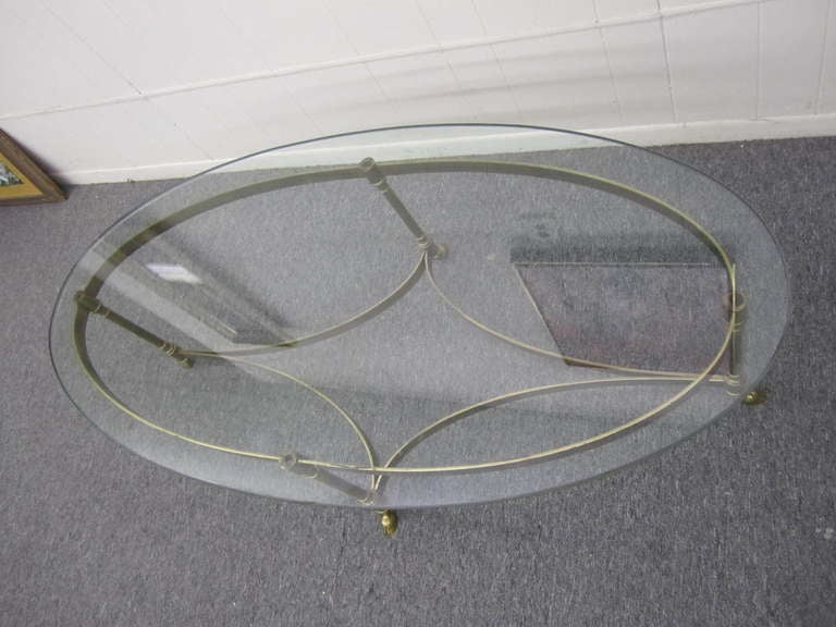 Brass & Heavy Glass Oval Hoof Foot Coffee Table Regency Modern La Barge 1