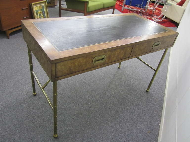 Gorgeous Widdicomb Style Burled Walnut Campaign Desk Faux Bamboo Solid Brass  3