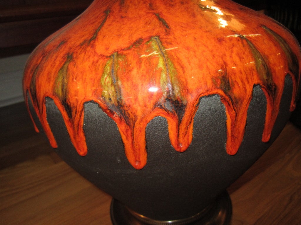 Ceramic Pair Of Mid-century Modern Orange Drip Glazed Lamps Danish For Sale