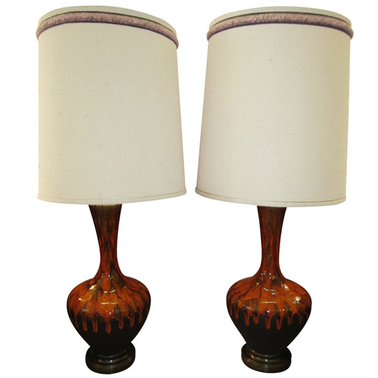 Pair Of Mid-century Modern Orange Drip Glazed Lamps Danish