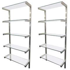 Preciosa pareja de estanterías flotantes de aluminio y cristal Etagere Mid-century Modern