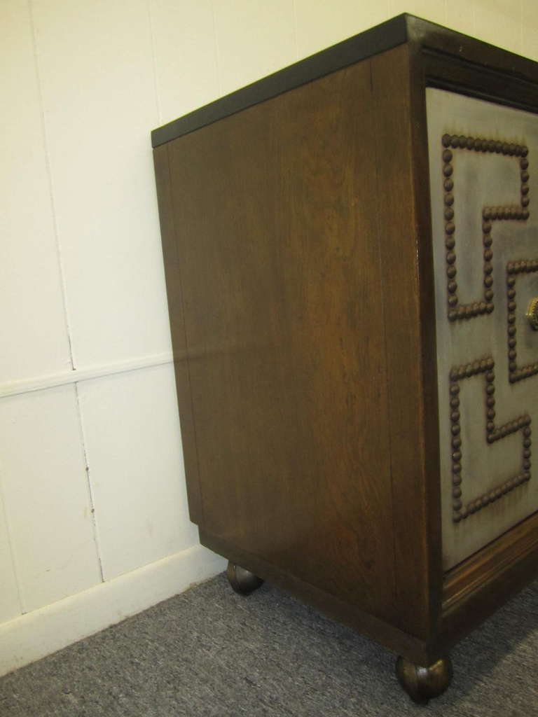 Stunning Pair of Parzinger Style Brass Studded Petite Credenza, Mid-Century For Sale 3