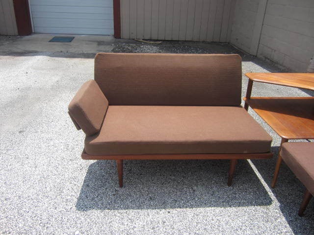 GORGEOUS 3 PIECE DANISH MODERN SIGNED FRANCE AND SONS TEAK SOFAS AND CORNER TABLE.  THE SOFAS HAVE THEIR ORIGINAL SPRING CUSHIONS INCLUDING THE ORIGINAL BACK WEDGES AND SPRING SIDE PILLOWS.  THE FABRIC IS WORN BUT CUSHIONS ARE EASILY MADE.  THE TEAK