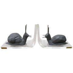 Vintage Whimsical Pair Lucite and Cast Iron Snail Bookends  P. Borras Mid-century Modern