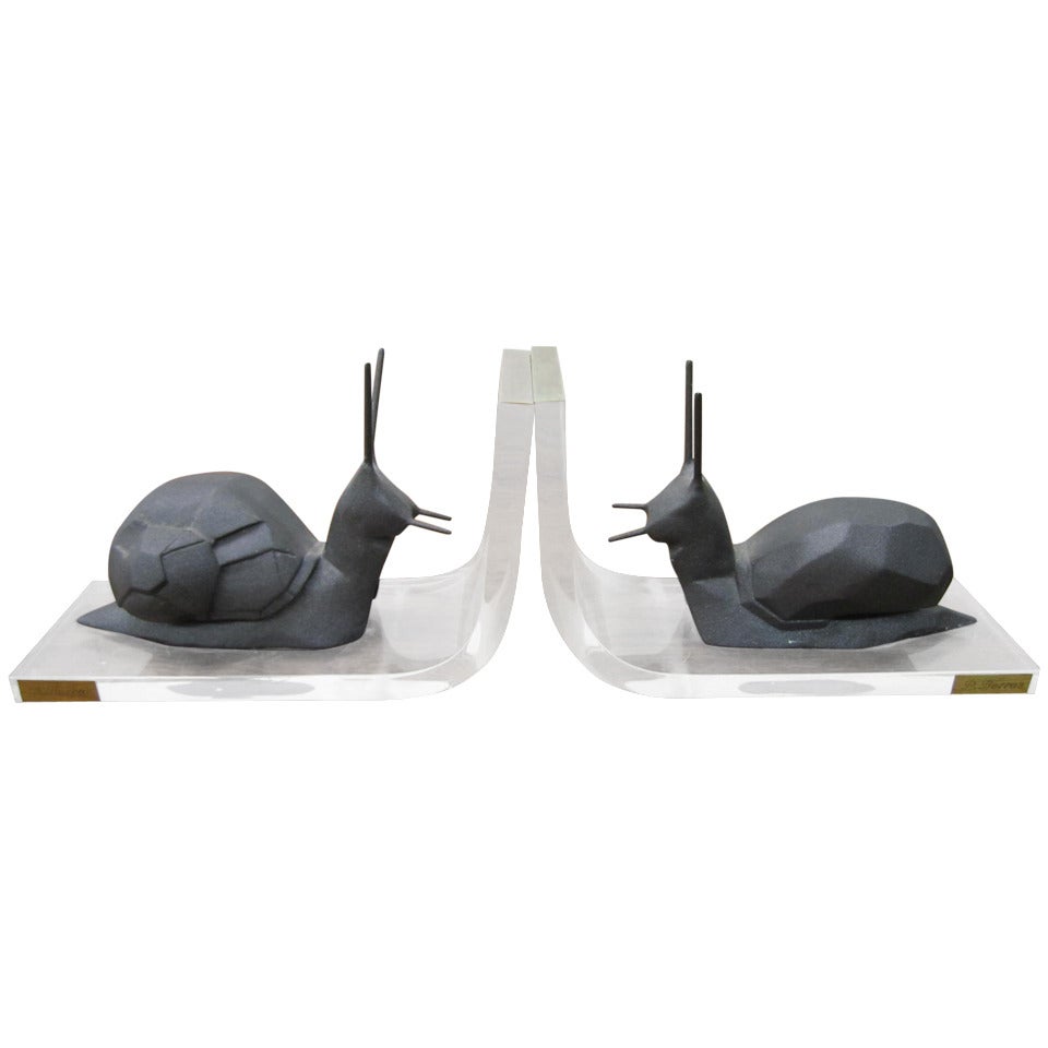 Whimsical Pair Lucite and Cast Iron Snail Bookends  P. Borras Mid-century Modern