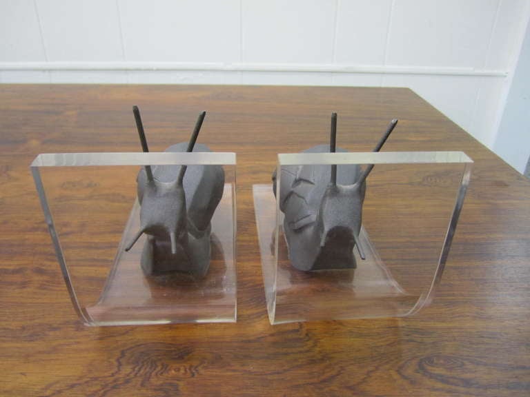 Mid-Century Modern Whimsical Pair Lucite and Cast Iron Snail Bookends  P. Borras Mid-century Modern