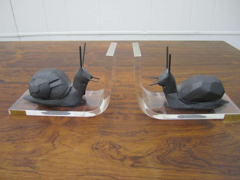 Whimsical Pair Lucite and Cast Iron Snail Bookends  P. Borras Mid-century Modern 4