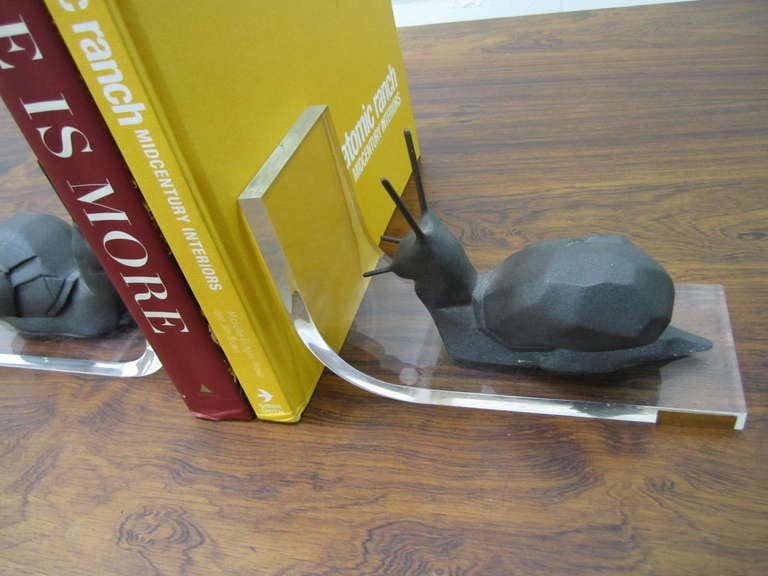 Whimsical Pair Lucite and Cast Iron Snail Bookends  P. Borras Mid-century Modern 1