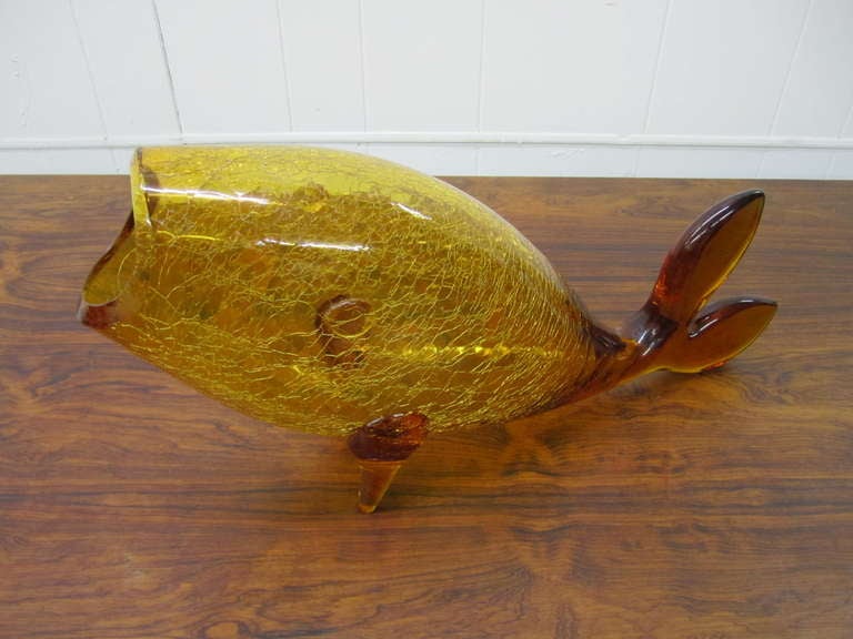 Whimsical and fun large amber crackle Blenko fish vase.  This lovely fish sculpture is large and impressive.  I love the super thick hand polished mouth edge and fun crackled amber glass-you will too!